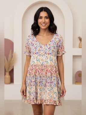 Angie Ditsy Floral Tiered Mini Dress - Size Medium